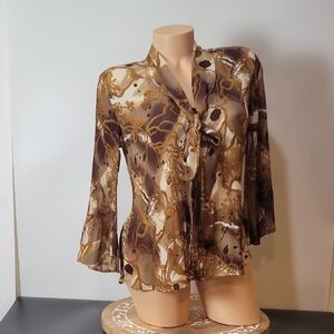 Serenade New York Tan and Brown Tie Front Buttoned Blouse Crinkled